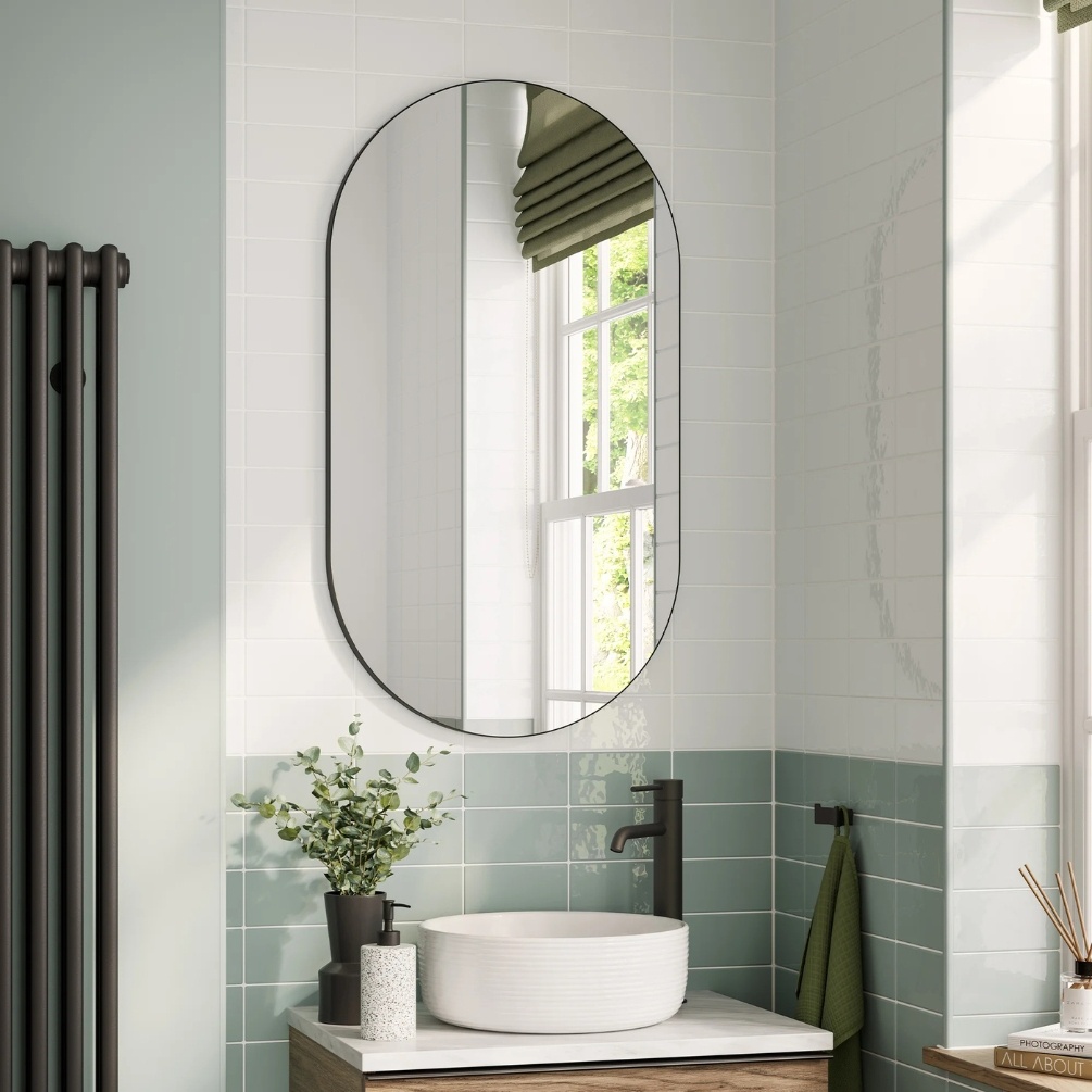 Lifestyle image of the hib. Trim Pill 500mm x 900mm Black Bathroom Mirror